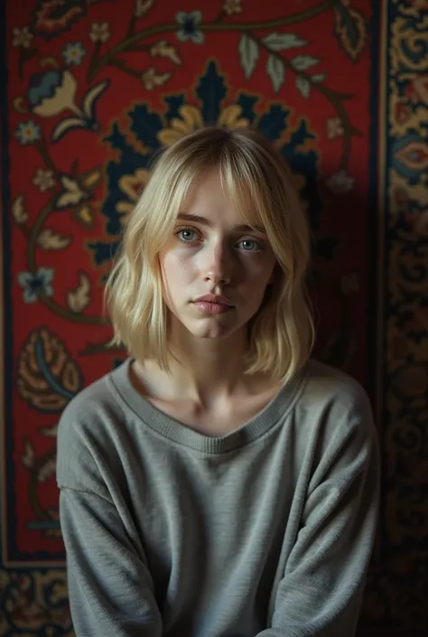 Photo of an 18 year old blonde with short hair of a girl on the background of a Russian wall carpet at home, sad