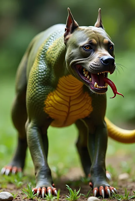  A ferocious hybrid creature that is fusion between a pit bull and a snake,  In a natural outdoor setting .  The body is muscular like that of a pitbull ,  with strong legs and sharp claws ,  but covered by shiny scales in shades of green and yellow .  The...