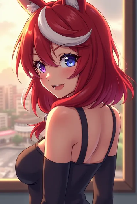 Creat 18+, red hair with a white streak , One eye is blue and the other eye is purple.,  medium breasts , Well good, beautiful. anime, Judy hopss Zootopia.
 full body photo ,  LOOKING OVER THE SHOULDER,  mischievous smile , (18+: 1,3),