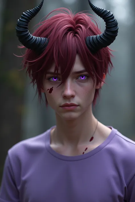 1 guy,  short dark red hair, purple eyes , scar on the eye, lilac t-shirt, black horns