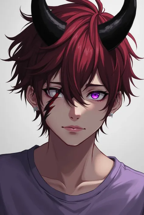 1 guy,  short dark red hair, purple eyes , eye scar, lilac t-shirt, black horns