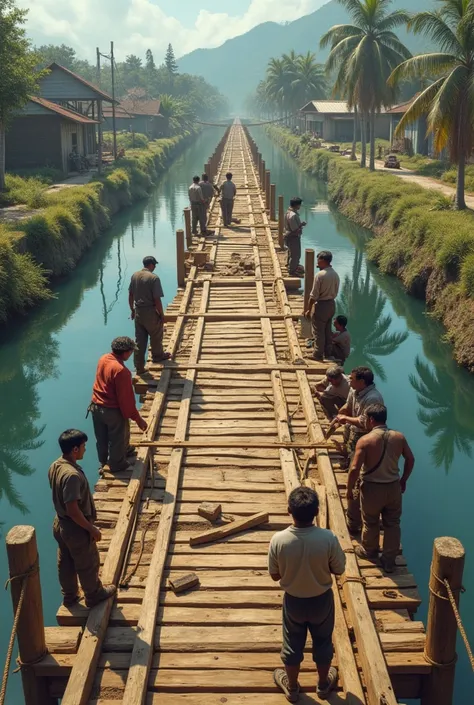 People helped build a wooden bridge across the canal.