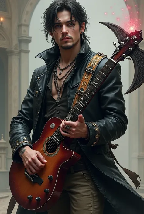 until,  an 18-year-old bard ,  has a Steam Punk visual style ,  a black leather overcoat ,  earrings with silver rings on the ears ,  a silver nose piercing , runic tattoos all over the body, chains on the neck.  The short mullet hair , a discreet goatee ,...