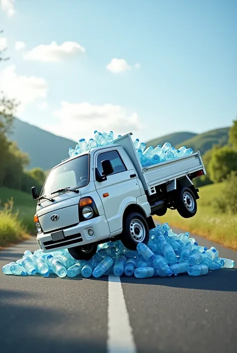 White Hyundai Porter truck that carries water bottles and is on its side