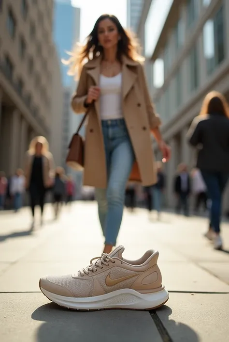 Dynamiq beige color running shoe company. Wants woman walking on the street, image focusing in the shoe