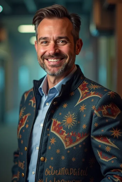  35 year old real man dressed in blue and white sports jacket with print "Multiverse Real Estate " 