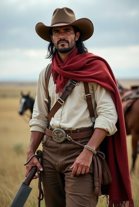 a gaucho ,  emblematic figure of the Argentinian pampas ,  appears as a tough man ,  of skin tanned by the sun and wind ,  and a serene expression but Watchman .  Her dark, straight hair falls down to her shoulders ,  framing a face marked by lines that te...