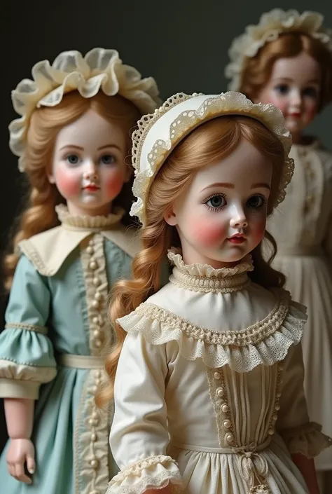 vintage 18th-19th century dolls with branded faces and stand further away from the photo