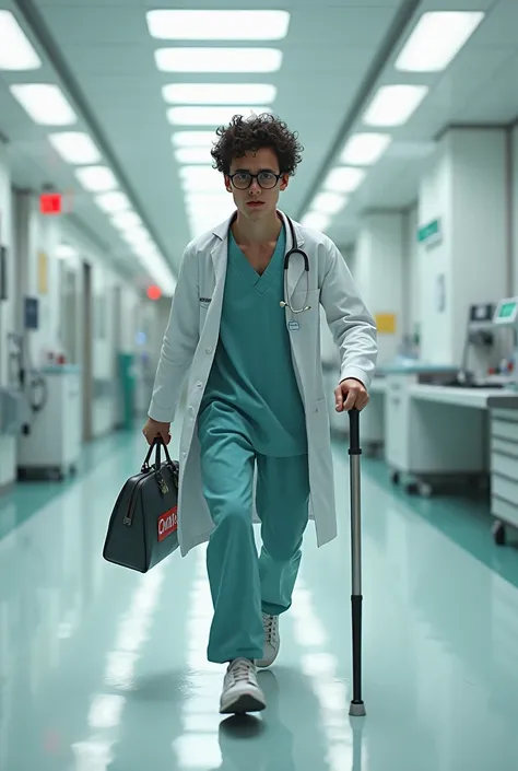  Make an image that creates a character with a cane like Dr. House , but young, nerd, ugly, carrying a bag with the charcoal label,  in a newly-parity hospital , in an ICU environment  
