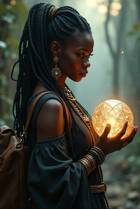 Black woman in braids from side to far, holding a shiny multi-pointed sphere and a bag slung over the shoulder 