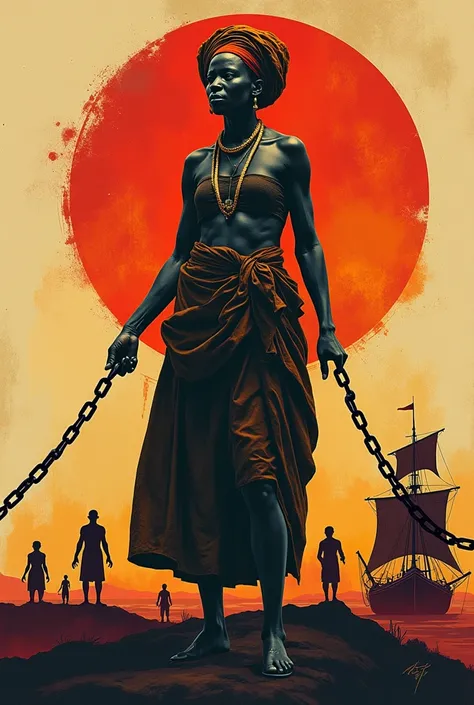  Drawing of Aunt Simoa with a silhouette ,  African symbols , boats.  She wears cloth over her hair ,  typical of African women , and transmits force .  The drawing must refer to the fight against slavery , with symbols , Like chains .  Strong colors and f...