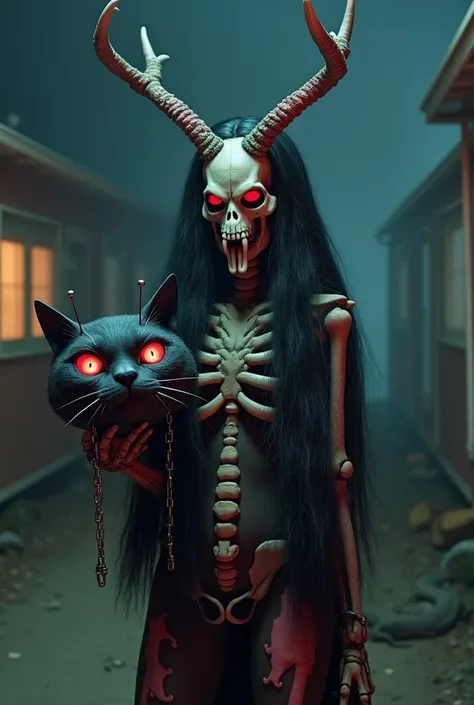 A surreal claymation-style visual featuring a biracial Blasian monk woman, 29 years old, transformed into a skeleton minotaur demon creature. She has a deer skull head with extremely long straight hair highlighted in pinkish tones and patches of black cat-...