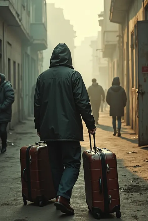 an image with a cinematic poster concept about terrorist displacement where it is not so literal but where the information can be perceived, Where you can see the person with a dirty  and suitcases that make people look clear
