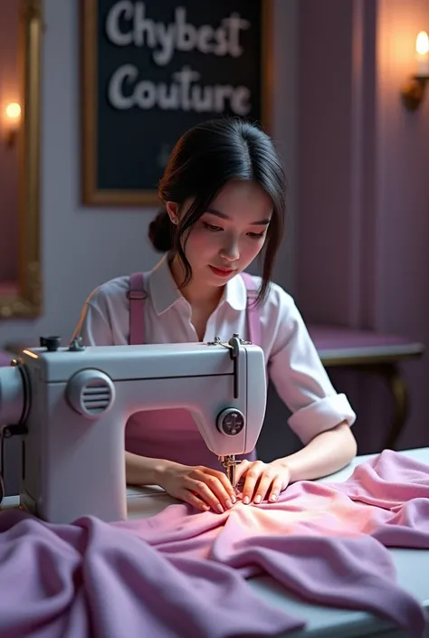 Create a 3d hyper realistic design of a woman sewing with indusrial machine in a well docorated fashion housewith a purple nd white design and CHYBEST COUTURE written on the board