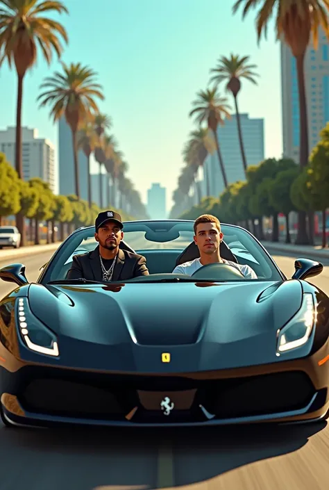 Eminem and Justin Bieber in a black Ferrari convertible listening to Bon Jovi music played by CJ from GTA San Andreas Realistic
