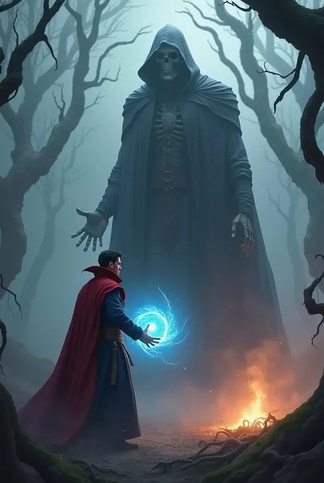 Create a hyper-detailed, cinematic artwork  intense and mystical scene depicting Doctor Strange from Marvel Comics facing off against a towering, ominous embodiment of Death in a foggy, haunted forest. Doctor Strange should wear his iconic red cape and dar...