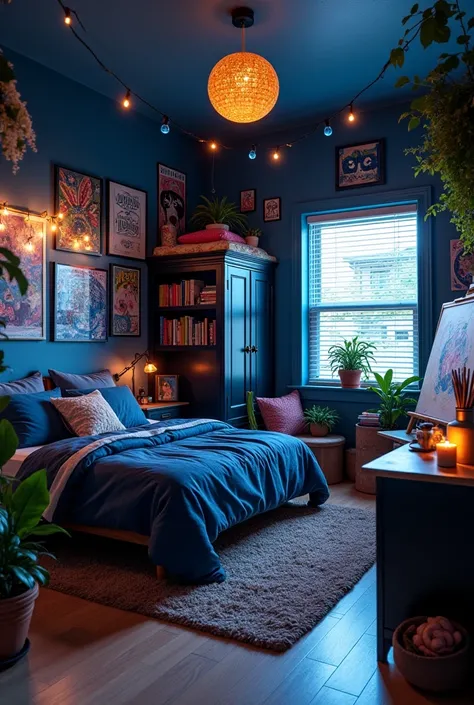 A big, spacious bedroom. Dark blue walls. Looking VERY cozy. A girls bedroom. The bed is dark blue and black. Everywhere on the room there are posters, LED lights, fairy lights, candles and plants. Next to the bed there is a table with a computer, and some...