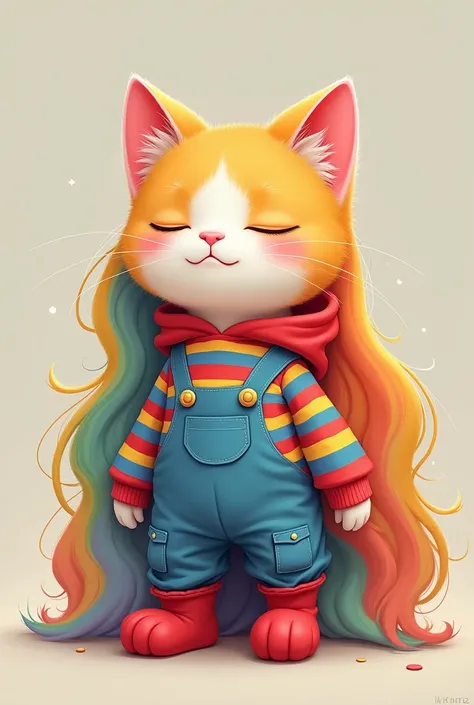 A cute anthro ragdoll cat with long rainbow hair rainbow unicorn long rainbow shirt blue overalls and red boots and red hoodie there eyes closed