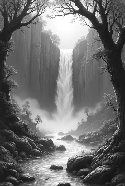 beautiful fantasy drawing black and white waterfall with a stream, magical and atmospheric 