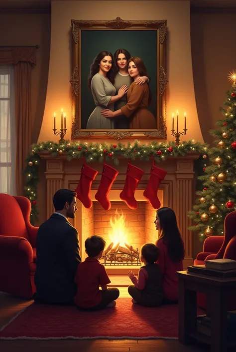 Please make a Christmas background at home that says Arteaga Escorcha family on the fireplace above with real people on their backs watching the painting