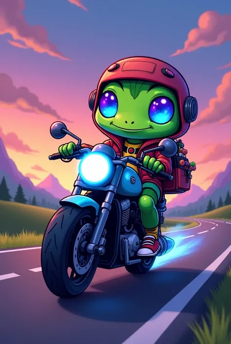 Illustrate a whimsical cartoon character with the face of a frog, smooth green skin, and large, glowing alien eyes in vibrant electric blue and violet. The character is driving a sleek motorcycle along a highway at dusk, displaying a mischievous smile and ...