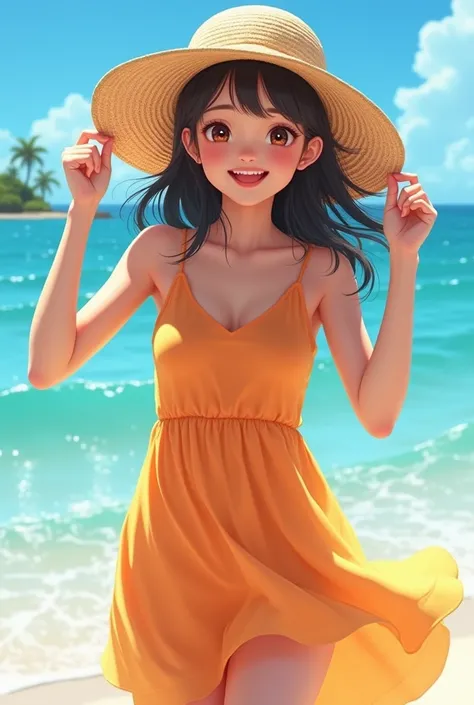 A vibrant Asian teenage girl in a summer dress, standing by a beach with the ocean in the background. Her dress flows with the wind, and she has a sun hat tilted on her head. She poses with one leg slightly forward and her hands holding the brim of the hat...