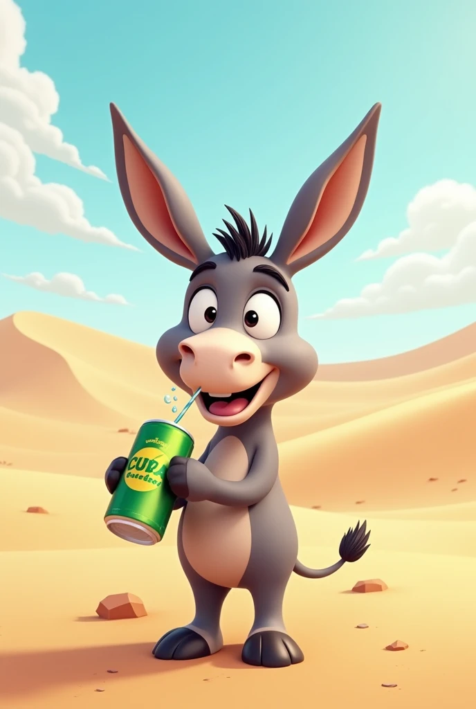 A cartoon picture of a happy donkey in the desert drinking soda