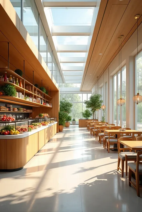  Conceptual view of the cafeteria inside Xmed,  with a counter offering healthy options  (fruits, whole-grain sandwiches , infusions )  and comfortable seating spaces .