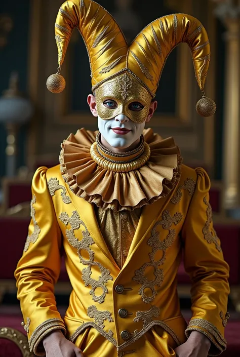 
a man in a gold costume and complete mask posing for a photo, (tom cruise!!!!!) jester costume, Venecia Carnival, court jester in renaissance era, wearing gold armor, male jester, wearing golden armor, wearing gilded robes, gold clothes, gilded outfit, go...