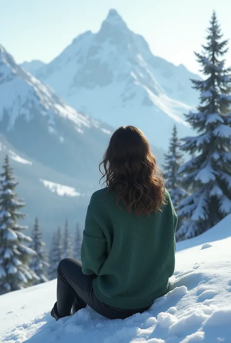  Mountains with snow and a sitting woman with slightly curly brown hair in black pants with a green sweater. The woman should be seen in the background of the picture and only be from behind and in the background . 