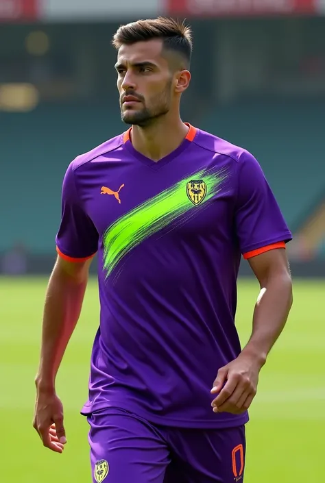  soccer uniform, purple with a fluorescent green puma scratch