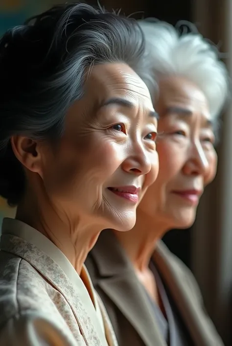 3 very beautiful Chinese grannies. The youngest is 55 and has black hair, the second is 65 and has grey hair. The oldest is 75 and has white hair.