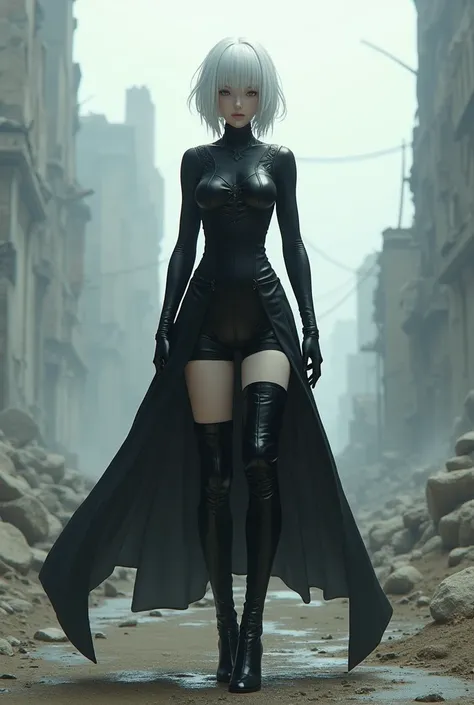 Nier Automana 2B , 1girl, Alone, beautiful, white short hair, black dress,  long leather boots ,  black over-the-knee panties, full body, detallada, stylized,  is in a desolate environment .