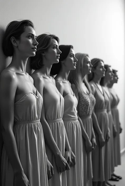 Seven women of different ages in a row from the side looking at nothing in black and white that can be seen with their full bodies
