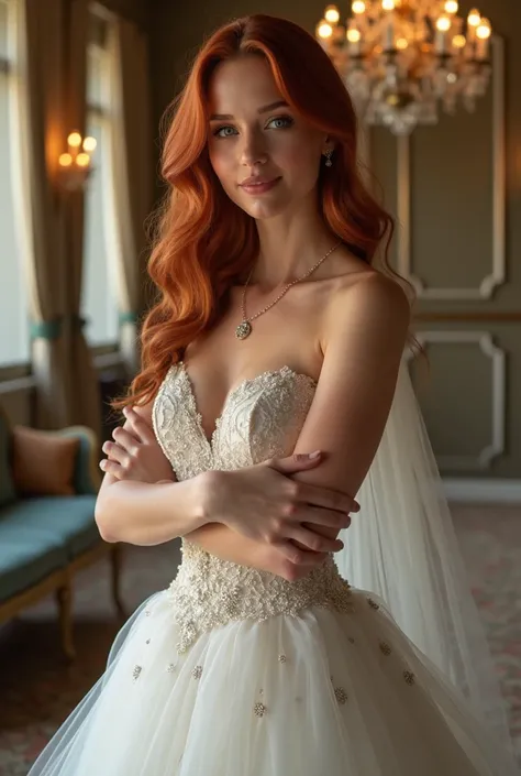  long hair , breasts,  blue eyes ,  red hair , breasts,  Light smile, Crossed arms in a wedding room,  wedding dress