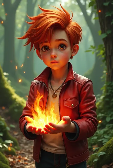 Red-haired boy, Brown eyes,  with fire in their hands, Wearing a red leather jacket in a forest