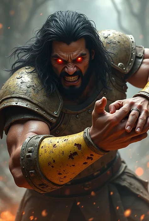  fighter man hand to hand with stone armor , with red eyes and cross-shaped pupils , Long and dark black hair,  the armor on his cuffs is so hot that it turns yellow and is somewhat melted