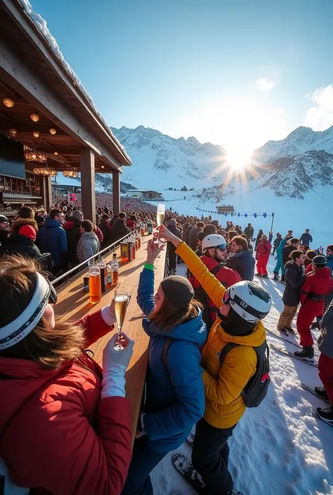 A day club bar in the mountains , Skiing with champagne like Folie Douce in Val Thorens with snow but the impression of having taken an iPhone photo in a wide angle 