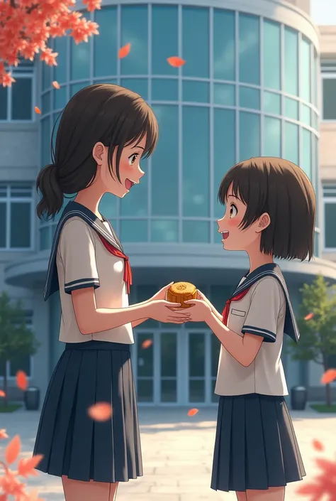 A student wearing a student dress, a sister handed a mooncake to a student of the same college uniform without a bag. The front of a gray building with a mirror as a window.
