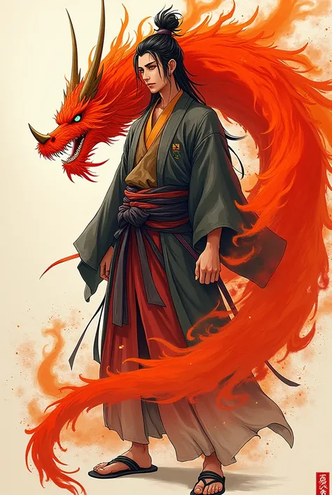 Kagutsushi,  the Fire God ,  Japanese mythology,  doesnt crop the image around the edges , Gabriele Delrotte , Representation of Japanese Folklore, traditional animation, traditional attire,  ink splash