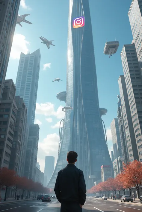  A city of the future and that a man is amazed by the buildings,  and that there are flying ships but not exaggeratedly ,  that the Instagram logo is on a huge building , cinematic and science fiction style 