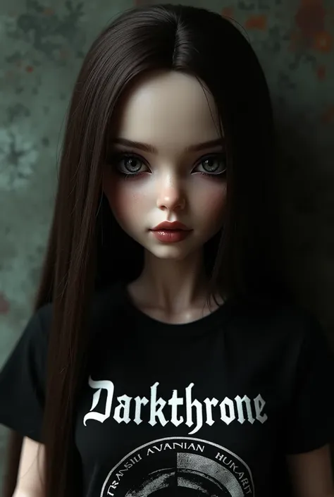 Blyze doll with dark straight long brown hair, big brown eyes with smokey eyes makeup, medium thick eyebrows and long lashes with straight nose and pale painted over lips, in Darkthrone band t-shirt from the Transilvanian Hunger album 