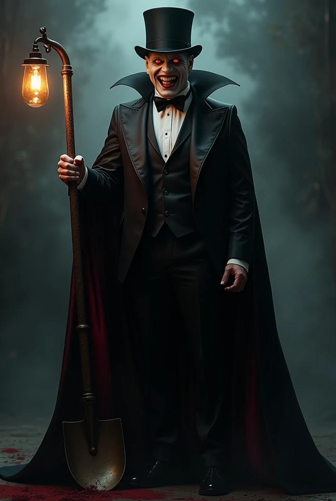 Image of a vampire wearing a top hat and a black cape holding a shovel with a lamp at the end smiling 