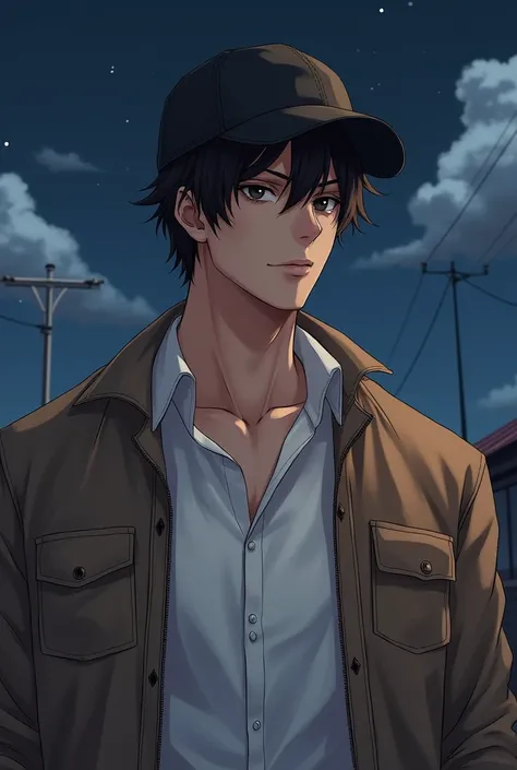 pretty anime face, but not so feminine , with short dark brown hair, a shallow beard and dark eyes, muscular in a white shirt with a brown jacket and a black cap,  outside under the night . image 100% improved