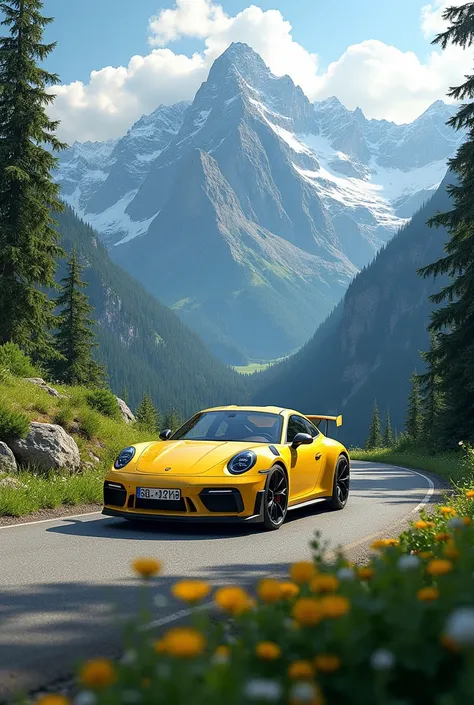 Porsche yellow driving a winding road in the background of mountains ,  beautiful nature lot of tree Ultra 4k detailed 