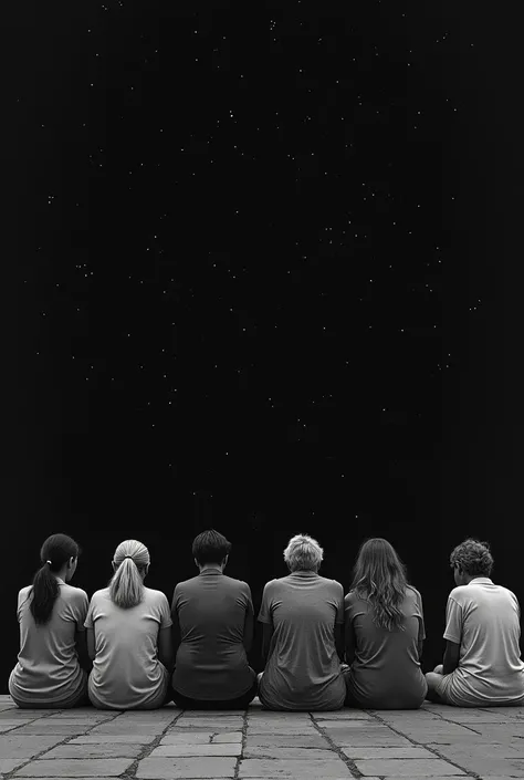 Black and white photo of seven sad women of different ages sitting on their sides looking at nothing on a patio during a starry night.
