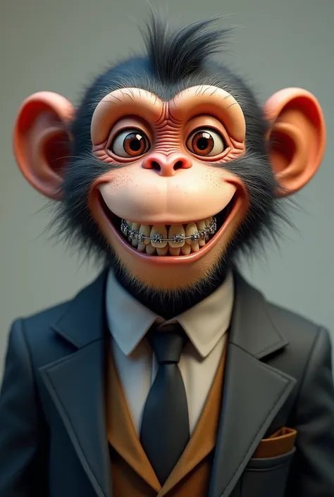 Monkey smiling with metal teeth braces wearing suit 
