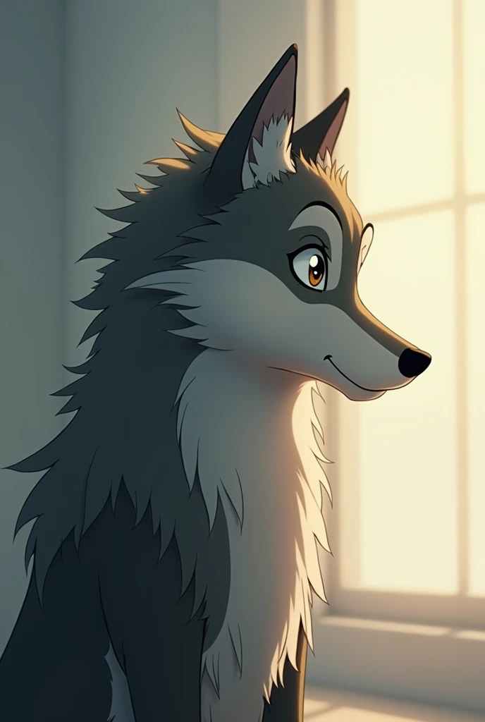 Make me an image where there is a wolf thinking ( animated)