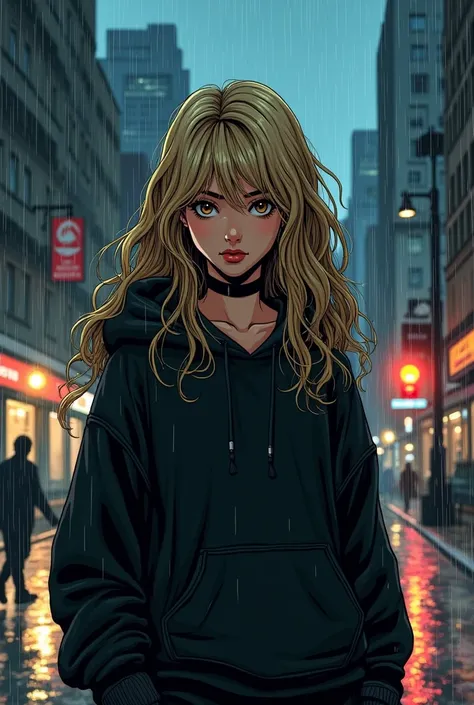 Comic, girl,dark blond long curly hair, city, black hoodie, brown eyes, raining night, wet