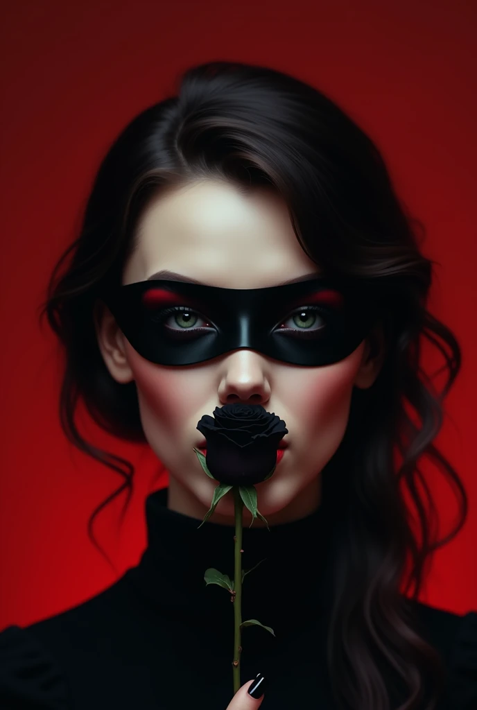 A woman with a black rose in her mouth but only the rose stalk in her mouth in a gradient of tones, 2D style with deep red tones,  Gothic, 20cm of image , Make the same image again but with a smaller zoom 